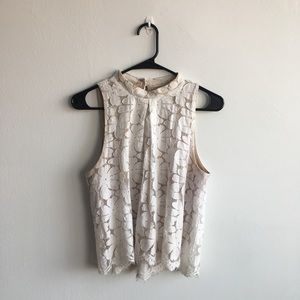 Cream lace overlay, mock neck, sleeveless blouse